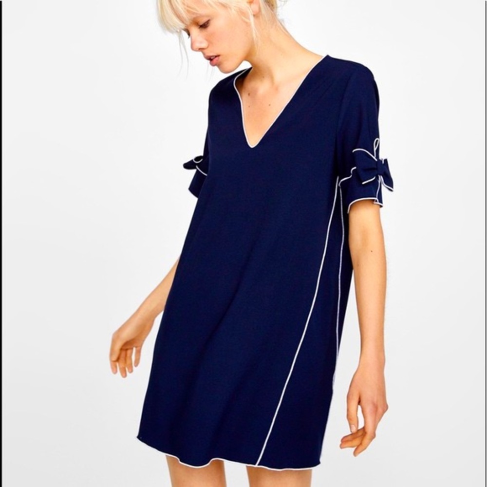 Zara Navy White Piped Dress with Bows Size M NWT